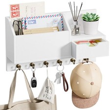 Key Rack, Wall Mount with 6 Hooks and Storage Drawer, Wooden Key Holder, Wall Ke