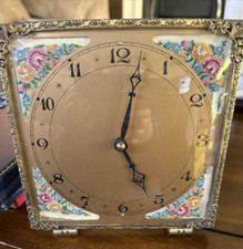 VINTAGE GILT & PETIT POINT EMBROIDERY FACE CLOCK MADE IN ENGLAND Working