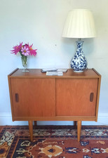 Vintage Mid Century Vinyl Record LP Storage Cabinet Danish Style Teak Finish