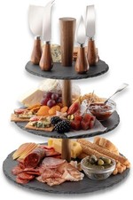 4 Piece Acacia Cheese Knife Set & 3-tier Slate Stand - Stylish Cheese Knives Set