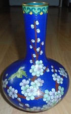 Vintage Chinese Cloisonne Blue Vase Floral + Bird  20 cm 8 inch