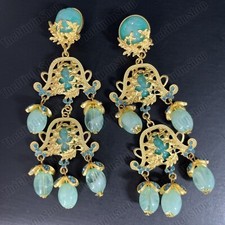 CLIP ON Huge 12cm Long CHANDELIER EARRINGS Ornate GREEN Crystal Baroque Gold