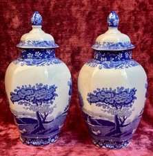 A Fab Pair Of Spode Blue & White Italian Hexagonal Lidded Vases. Made In England