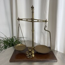Vintage Librasco Beam Scales With Seven Bell Weights, Brass On Hardwood Base.