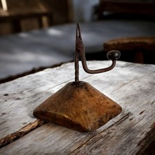 18th-Century Welsh Antique Iron Rushlight / Rushnip With Oak Base
