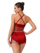 UK Women's Glittery Latin Dance Dress Sleeveless Fringe Leotard Ballroom Dresses