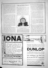 Original Old Antique Print 1915 American Big Ben Alarm Clock Dunlop Iona Whisky
