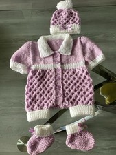 Hand Knitted Unisex Baby Pale Lilac & White Romper With Hat & Bootees Set 0-3 M