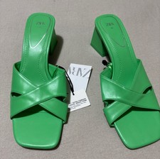ZARA WOMENS SQUARE TOE BLOCK HEELED MULES IN GREEN Size UK6
