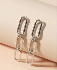 Womens Silver Gold Metal Long Link Chain Geometric Decor Dangle Drop Earrings