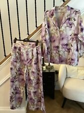 Monki Co Ord Set Size M/ L Lilac Print Trousers Shirt Blouse Suit 2 Piece Silky 
