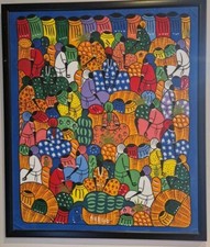 Haitian Folk Art Original Painting, Black Frame Brightly Coloured Signed Sergio