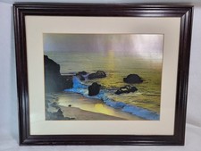 Metallic Etched Foil Art Print Picture Sea Sand & Rocks Wood Frame Vintage Rare