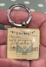 Metal Enamelled Keyring VW Campervan Getting There Is Half The Fun 1.5” x 1.5” 