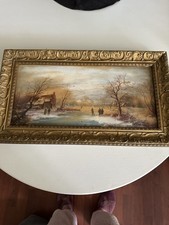 Antique Oil Painting In Gilt Frame. Winter Scene.