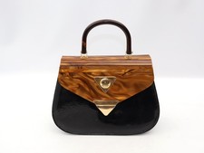 Vintage 80s Bakelite Handbag Tortoiseshell Caramel Lucite Leather Black