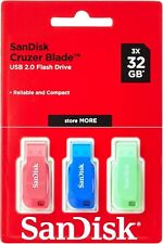 SanDisk 32GB Cruzer Blade USB Flash Drive , Blue/Pink/Green, 3 pack Brand New