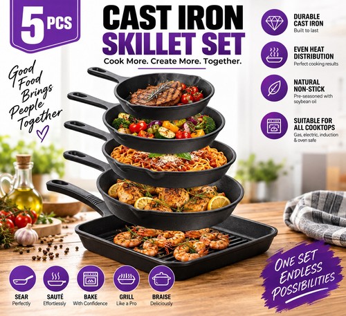 5pcs cast iron skillet set - iron,
