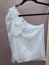 GORGEOUS  NWOT ZARA WHITE ONE SHOULDER SEQUIN TOP SIZE MEDIUM SEE PHOTOS