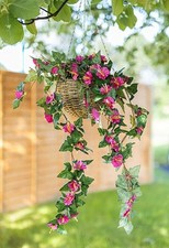 Artificial Flower Hanging Basket Pink Fake Faux Garden Decor Outdoor Round Chain