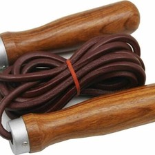 EVO Fitness Leather Skipping Jump Rope Indoor Gym Workout Wooden Handles Adult 