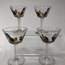 Set 4 Art Deco Hand Enamelled Cockerel Cocktail  Martini Glasses, Circa 1930s