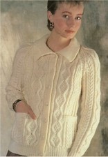  Ladies cable Cardigan/Jacket Collar & Pockets Knitting Pattern Aran 30-42" 1326