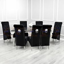 180cm Louis Black Marble Large Chrome Dining Table and 8 Lion Knocker Chairs Set