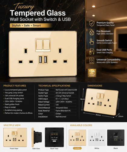 Tempered glass wall socket 13a - tempered,
