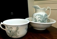 Antique Wash Water Pitcher, Wash Basin, Handled Bowl Blue Flowers