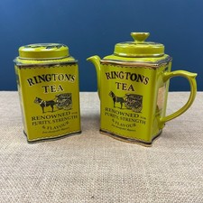 VINTAGE STYLE RINGTONS HERITAGE GREEN CERAMIC TEAPOT & TIN BOX MILLENIUM 2000
