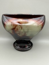 Marked Ewenny Pottery Vase Oval Brown and Red 10 cm High Studio Pottery