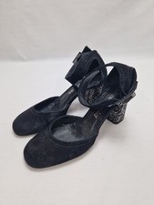 Russell & Bromley Ladies Black Suede Glitter Block Heel Ankle Strap Shoes UK 3