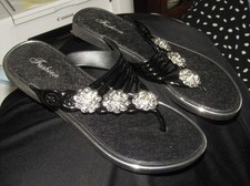 Fashion Ladies Jewelled Flower Trim Toe post Black Silver Sandals EU39 UK6.5 New