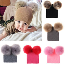 Baby Girls Boys Knitted Double Faux Fur Pom Pom Hats Size 6 Months to 3 Years