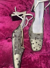 Vintage Rebeca Sanver Shoes 40 Sequin Lace Embroidery Pearlescent Green Square
