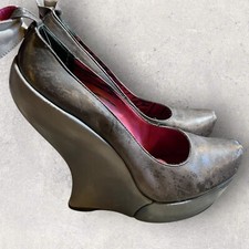 Celine Womens Sculpted Wedge Grey Mottled Leather Ankle Strap Shoes UK 4 EU 37