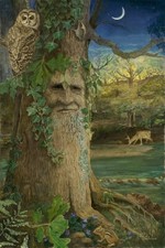"Wise Old Oak" by Joyce Gibson. Green man, Owl, New moon, Chipmunk, deer 16"x24"