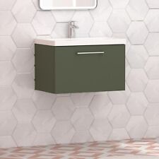 600mm Satin Green Wall Hung Bathroom Vanity Unit Sink 1 Drawer Mid-Edge Basin