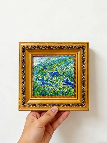 Blue foxes running grass - foxes,