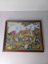 Vintage Wooden Framed Needlepoint Tapestry Cross Stitch Cottage Picture Prop 