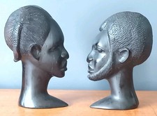Vintage Mid Century Carved Ebony African Male & Female Bust Sculptures 