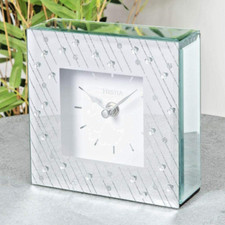 Hestia Mantel Clock Square Mirrored Glass Crystal Raindrops Silver Hands Quartz