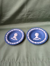 Pair Vintage Dark Blue Jasperware Wedgewood Silver Jubilee Plates