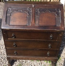 vintage,priory Style Dark Oak drop front 3 Drawers office,home Bureau