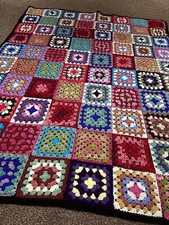 Homemade Afghan Throw Blanket Granny Squares Flower Detail Multi 56” x 44”