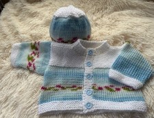 Brand New Hand Knitted Cardigan And Hat Set 0-3 Months. White And Multi Coloured