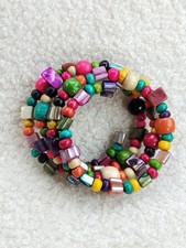Colourful Seashell Nugget, Wooden Beaded Spiral Cuff Statement Bracelet