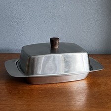 Vintage Stainless Steel Butter Dish with Wooden Handle Retro Kitchenalia
