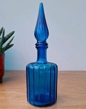 Vintage Retro 60s 70s Blue Glass Decorative Display Ribbed Squat Genie Bottle 